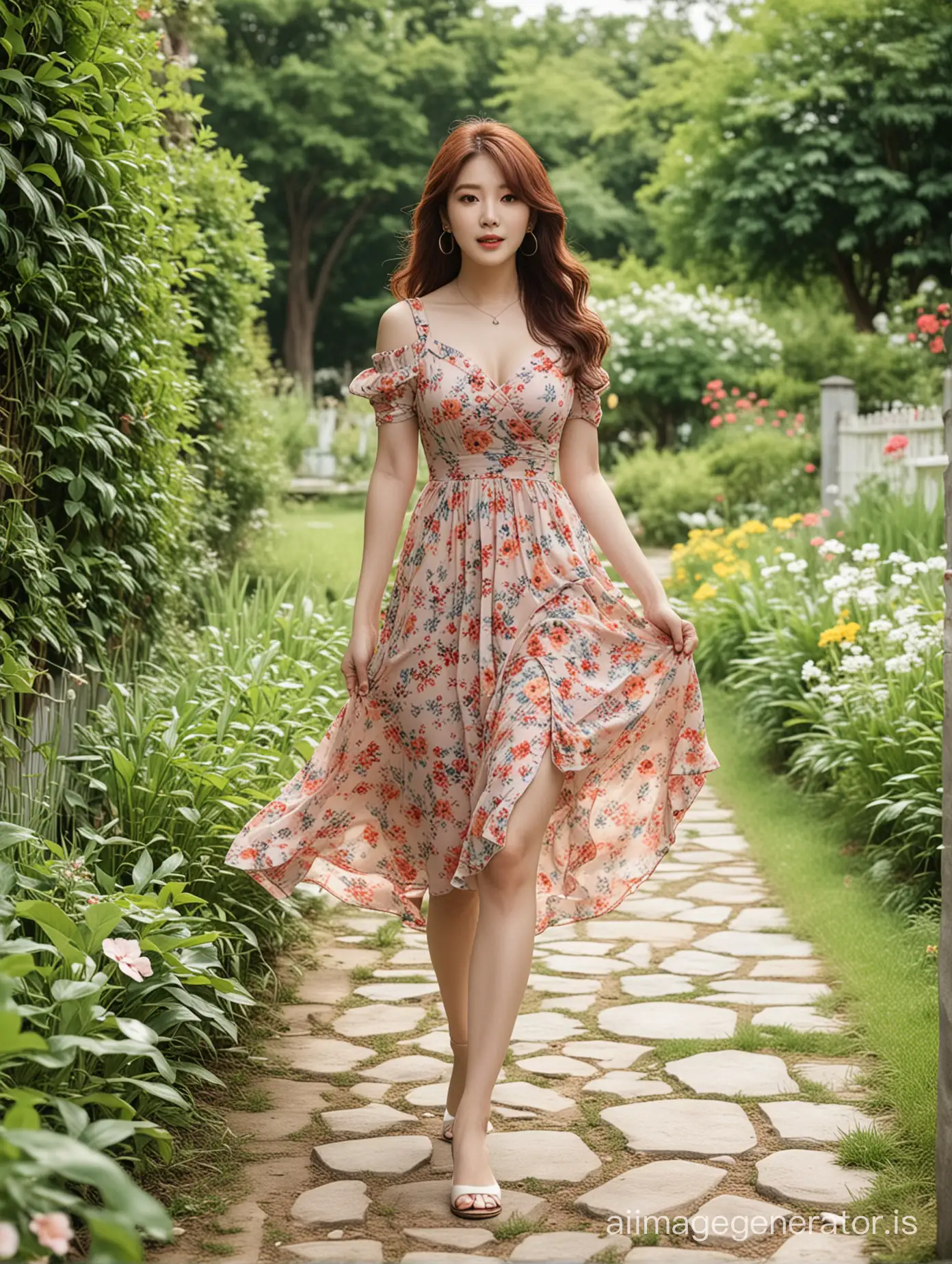 Beautiful Jung Hyoseong in stylish pop dress walking through a nice garden, 