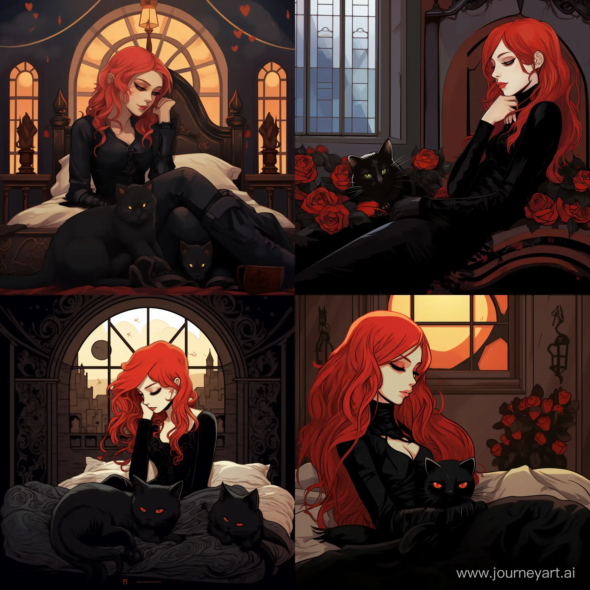 RedHaired-Girl-Sleeping-in-Gothic-Dress-Next-to-GothicStyle-Cat
