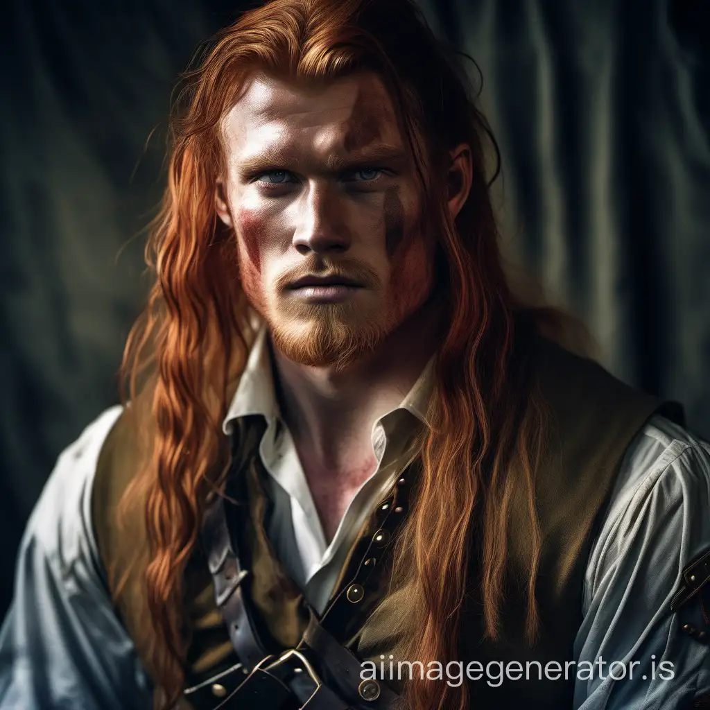 RAW photo, very large young male, Celt, Norwegian, long red hair, beautiful masculine strong-willed face of a young commander, many scars on face and body, ex-military , dressed in a cloth shirt with ties in front (high skin detail:1.2), 8k uhd, DSLR, soft lighting, high quality, film grain, Fujifilm XT3