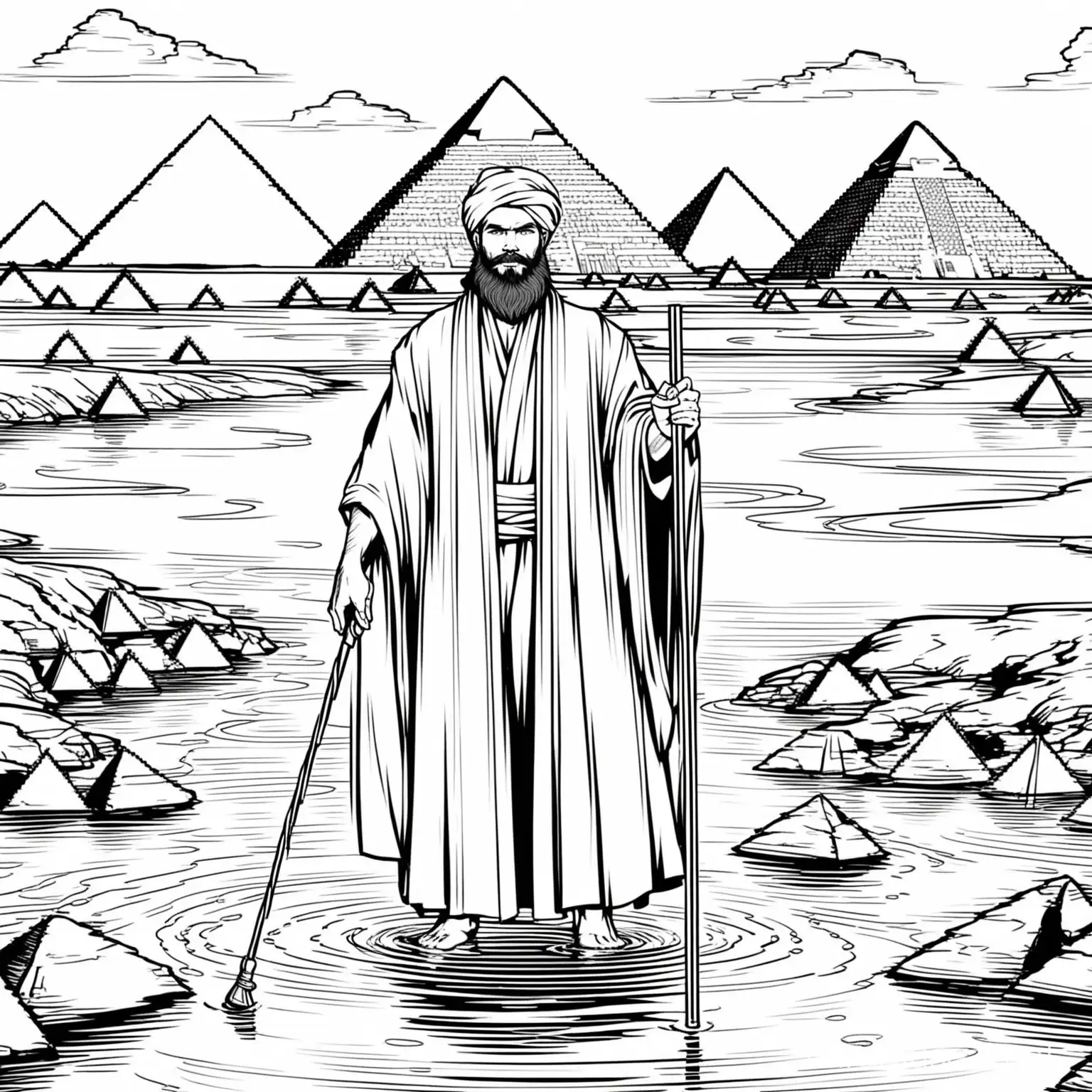 Bearded man with a rod in the river dresses in a robe , with pyramids in the back ground, coloring page, black lines white background