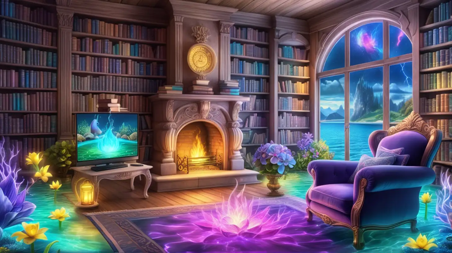 Giant library with potions and books creates path to fairytale magical cozy-fireplace with bright-green-blue-yellow-blue-purple glowing flowers in a glowing bright pink water pond and ocean side with blue-river and  thunderstorm in the sky and magical-cozy chair and fireplace