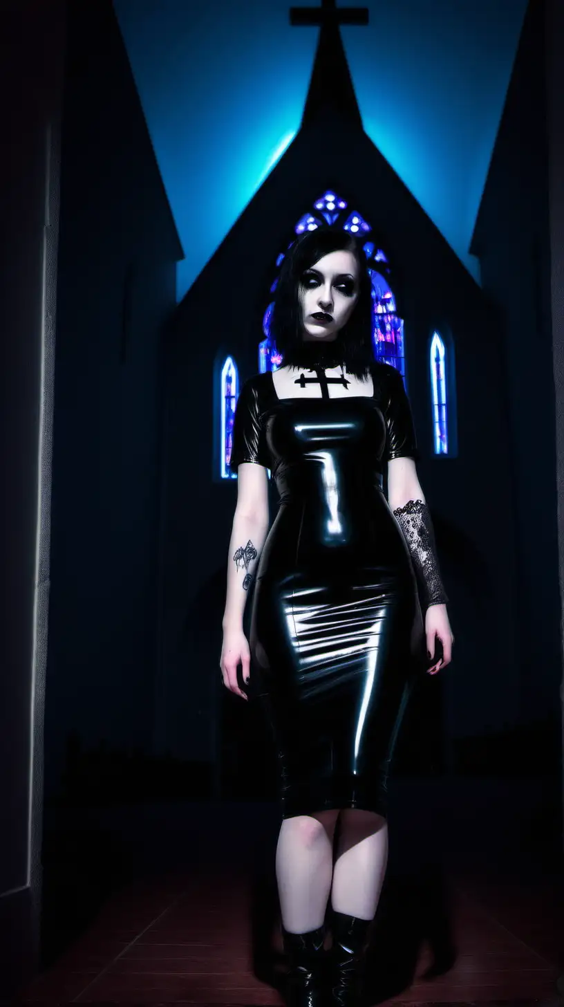 Goth girl. Latex dress. Church. Night. Neon lights.