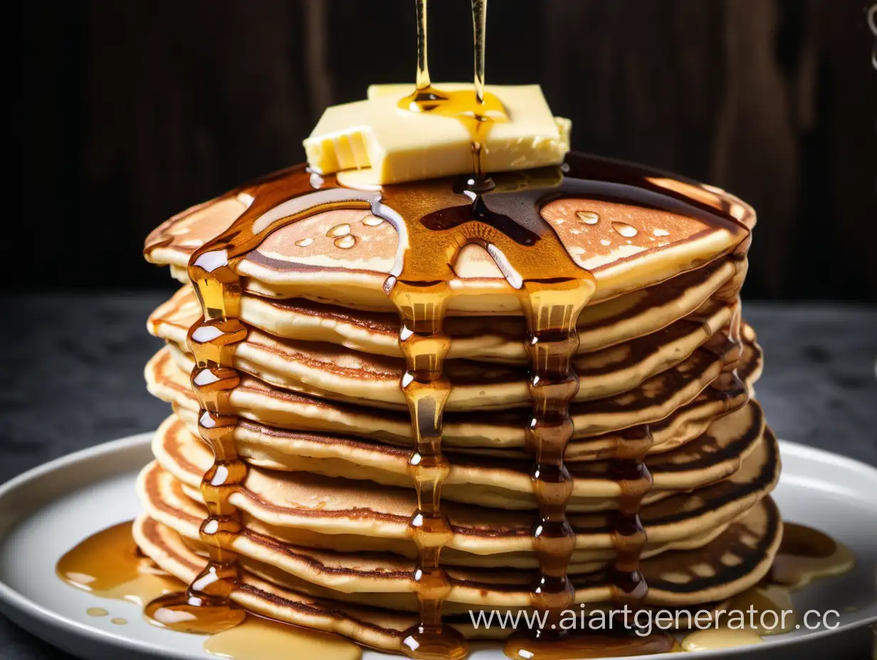 tall stack of pancakes, dripping with syrup, topped with butter