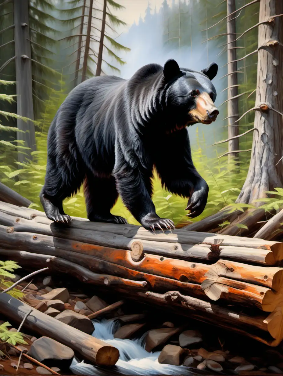 Majestic Black Bear Strolling Along a Forest Log Wildlife Oil Painting