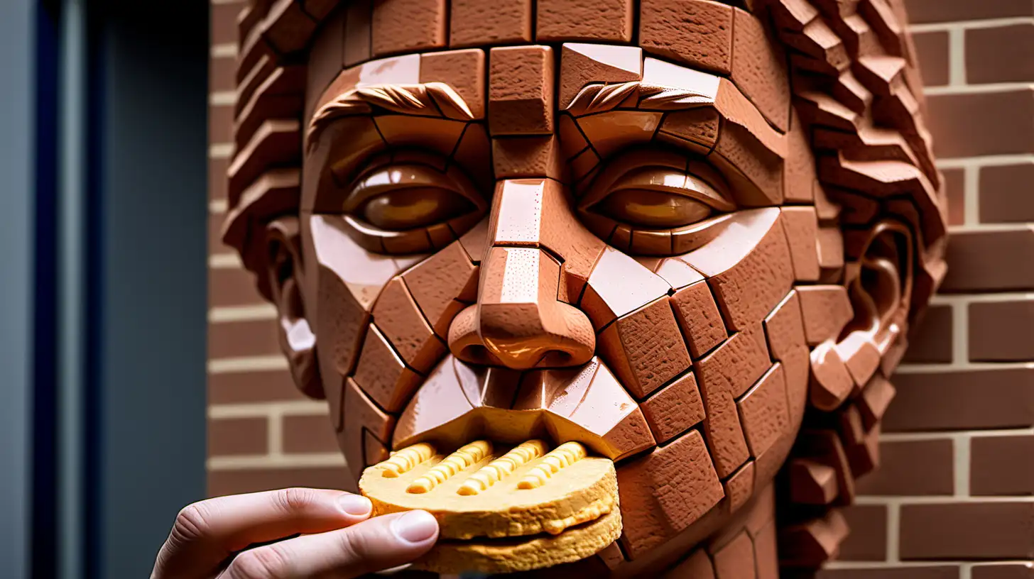 Real human face statue made of bricks. eating a golden biscuit
