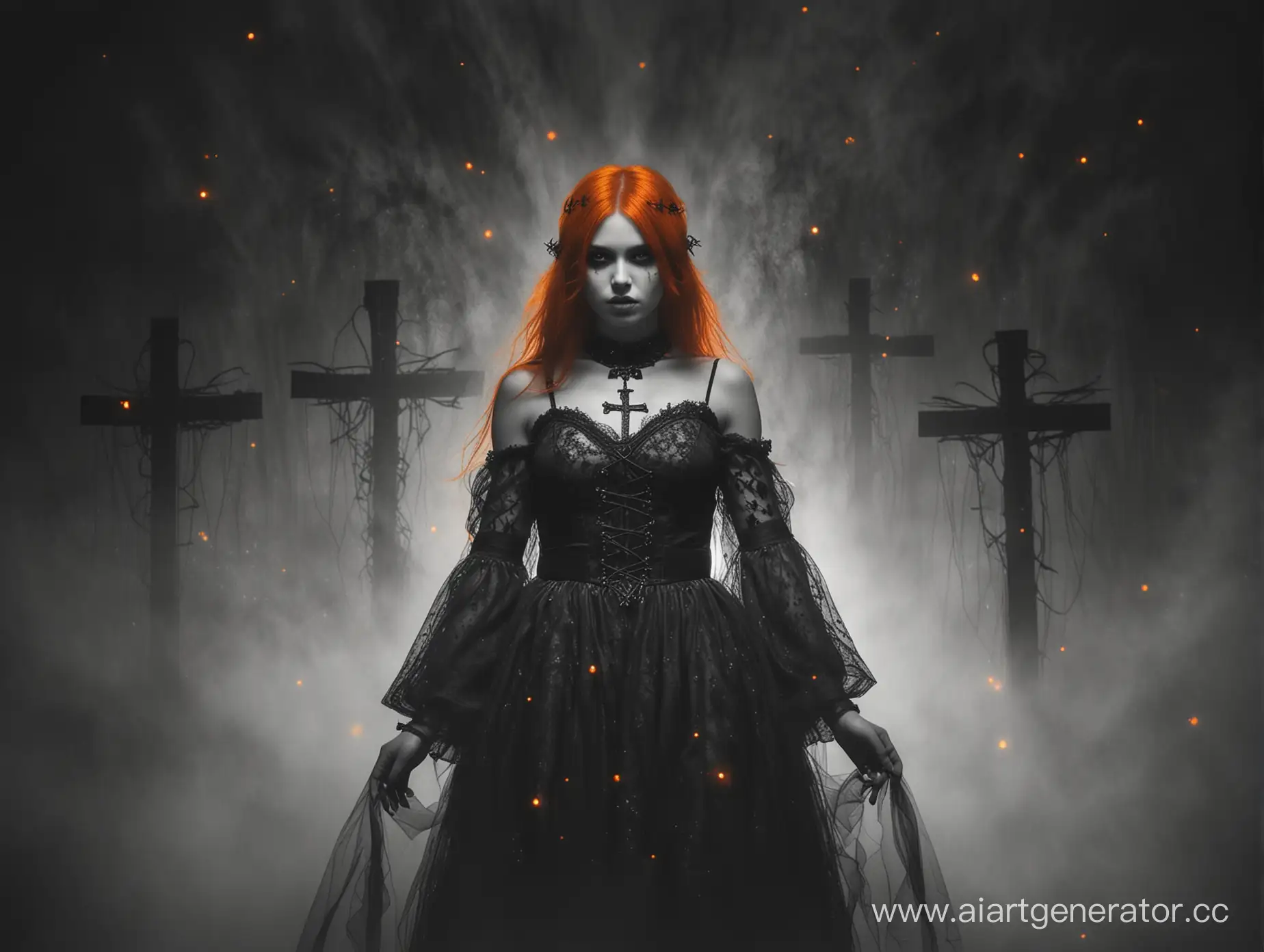 Девушка с оранжевыми глазами с зрачками в виде крестиков с черными светящимися оранжевым волосами в бело-черном платье с оранжевыми вставками, стоит в центре оранжевого тумана, в темных тонах, в стиле темного фэнтези.