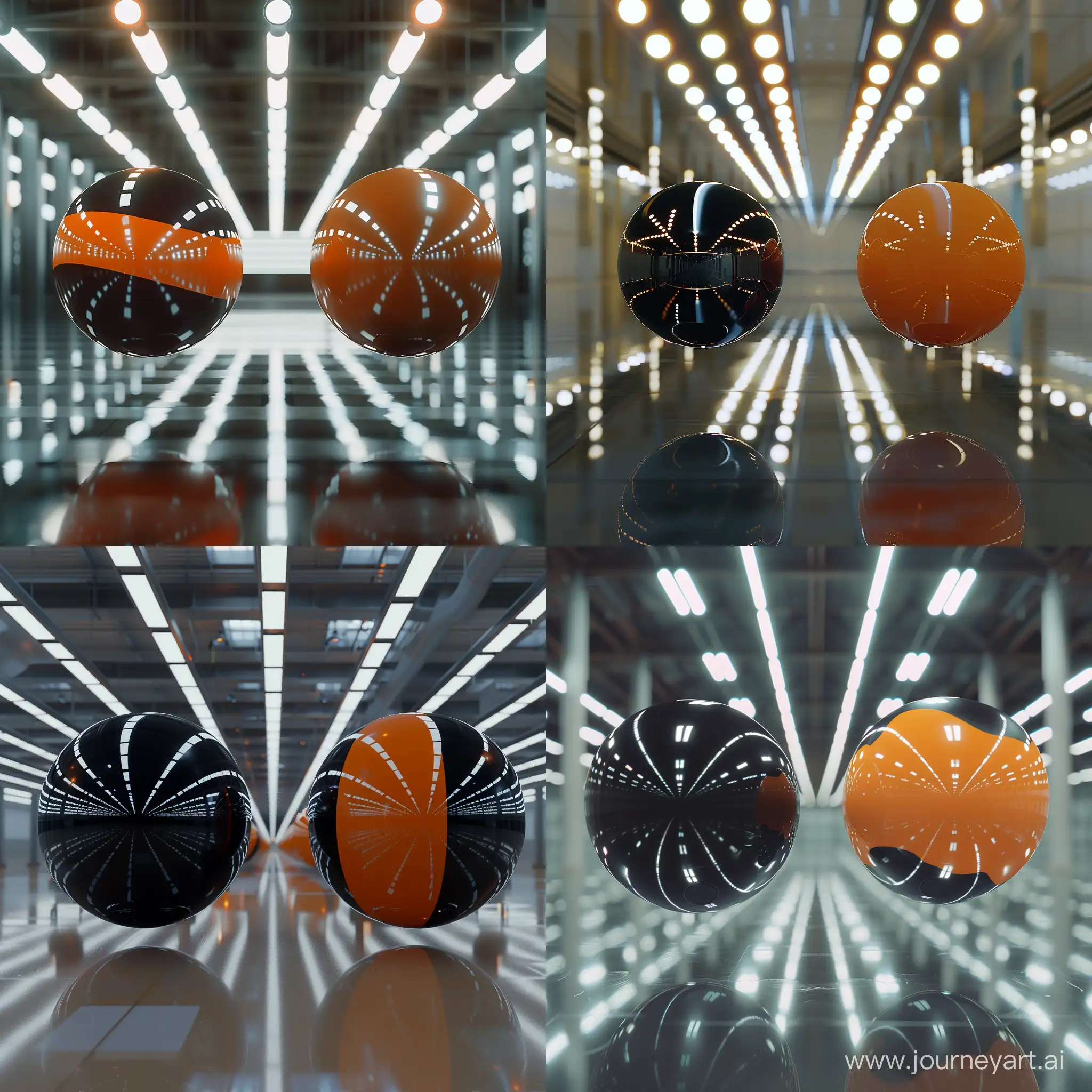 Two glossy painted spheres of black and orange levitate in a big hall with rows of light on the ceiling, the ground floor is very reflective, photo realistic, high resolution, unreal quality