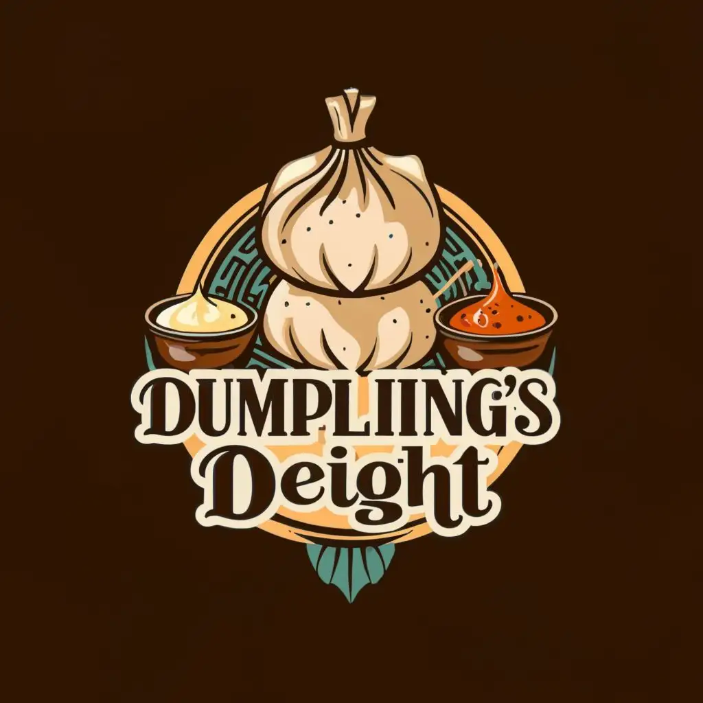 logo, DUMPLING and seasoning and a fish also sauce, with the text "DUMPLINGS DELIGHT", typography, be used in Restaurant industry