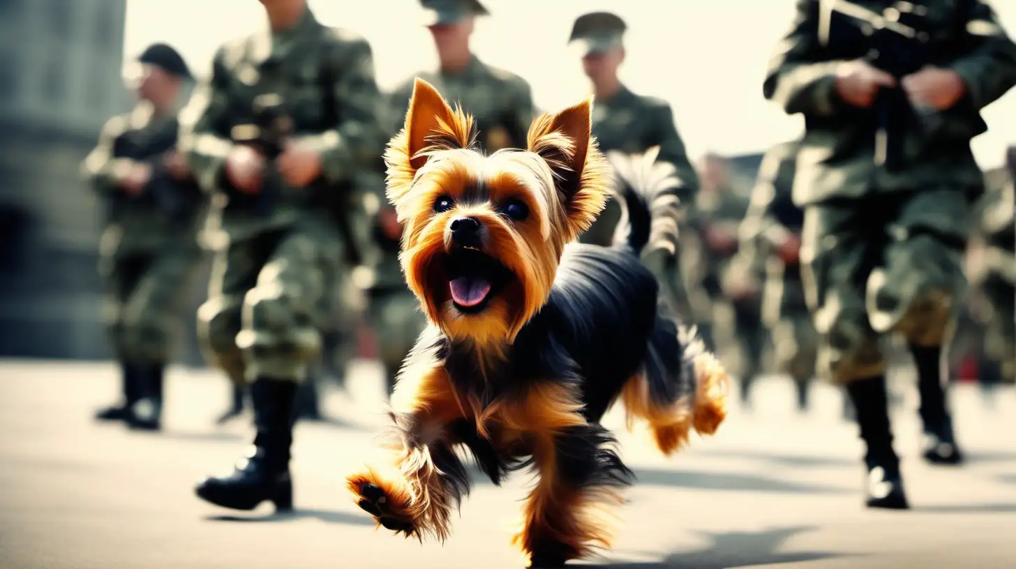 a real life cinamatic image of a Yorkshire Terrier   dazzling soldiers with tricks and bringing smiles to their faces, HD