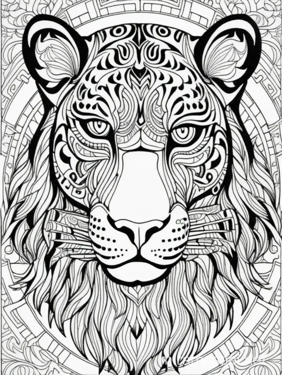 adult coloring page, black & white, strong lines, high details, symmetrical mandala, Jaguar,