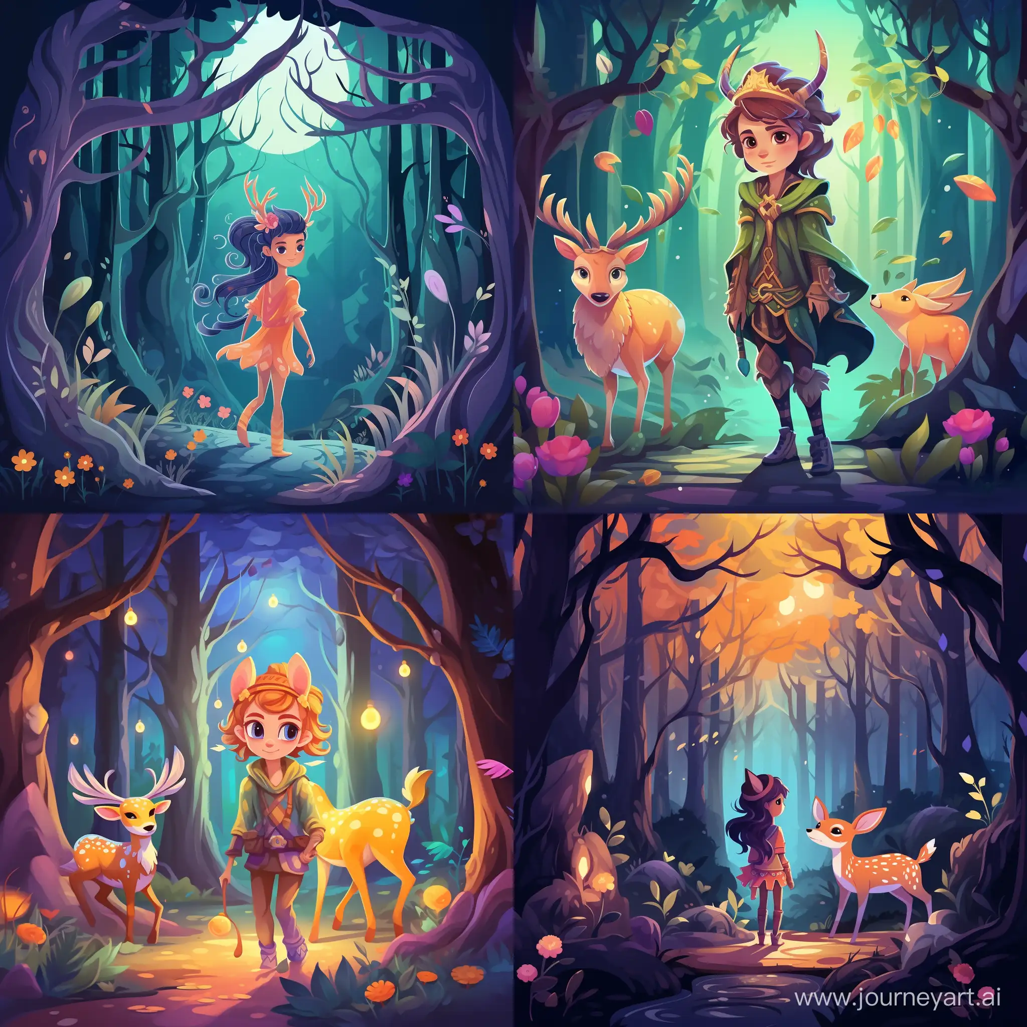 a cartoon style night elf druid in an enchanted forest walking, astral colours, moons, leafs and cute animals, vibrant and happy