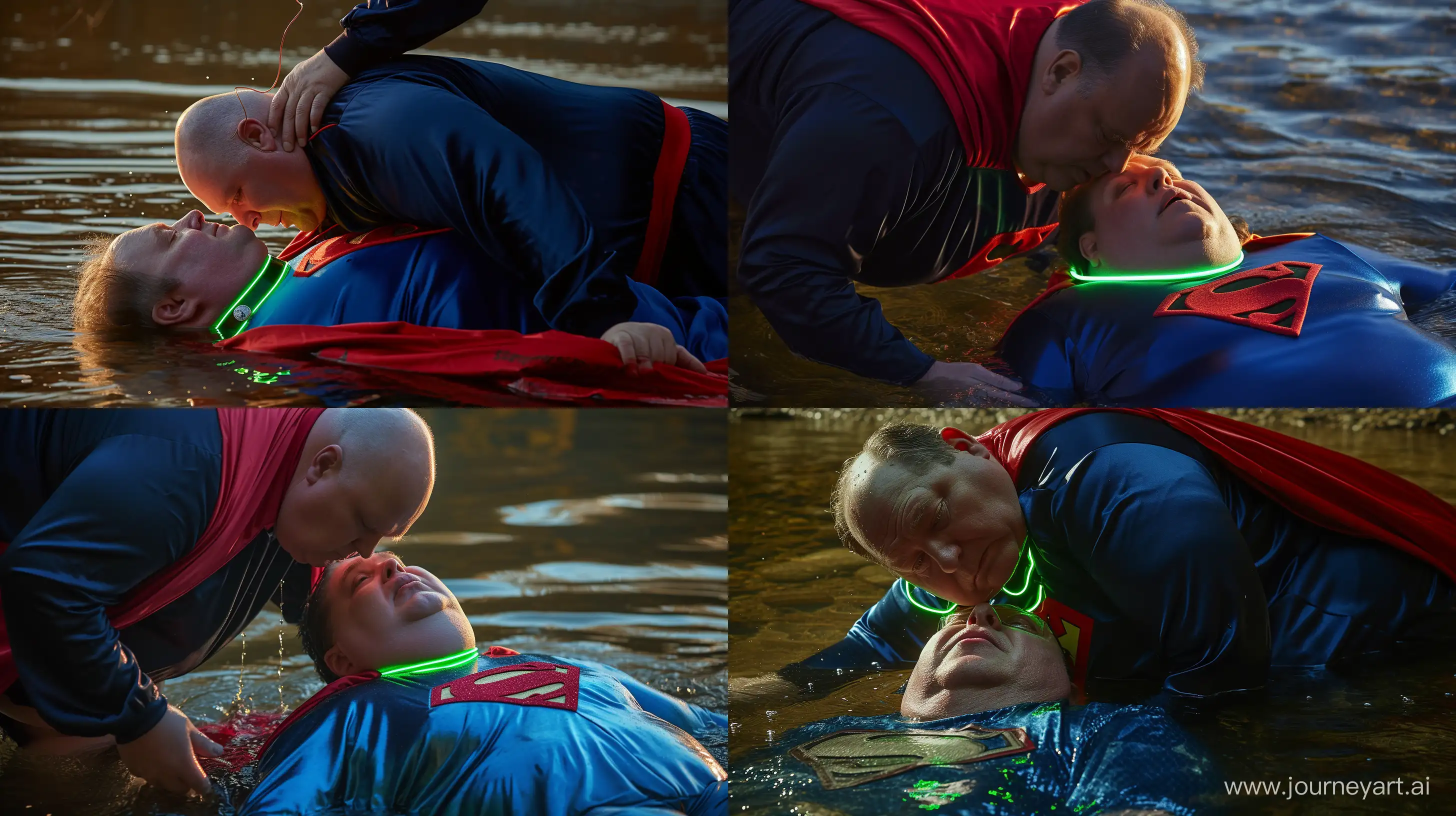 Close-up photo of a fat man aged 60 wearing a navy silk blue and red tracksuit. Pulling the head of a fat man aged 60 wearing a tight blue 1978 smooth superman costume with a red cape and a tight green glowing neon dog collar lying in the water. Natural Light. River. --style raw --ar 16:9