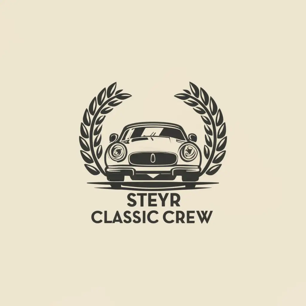 a logo design,with the text Steyr Classic Crew, main symbol:European Roofless Classic Car surrounded with one laurel wreath,Minimalistic,be used in Automotive industry,clear background
