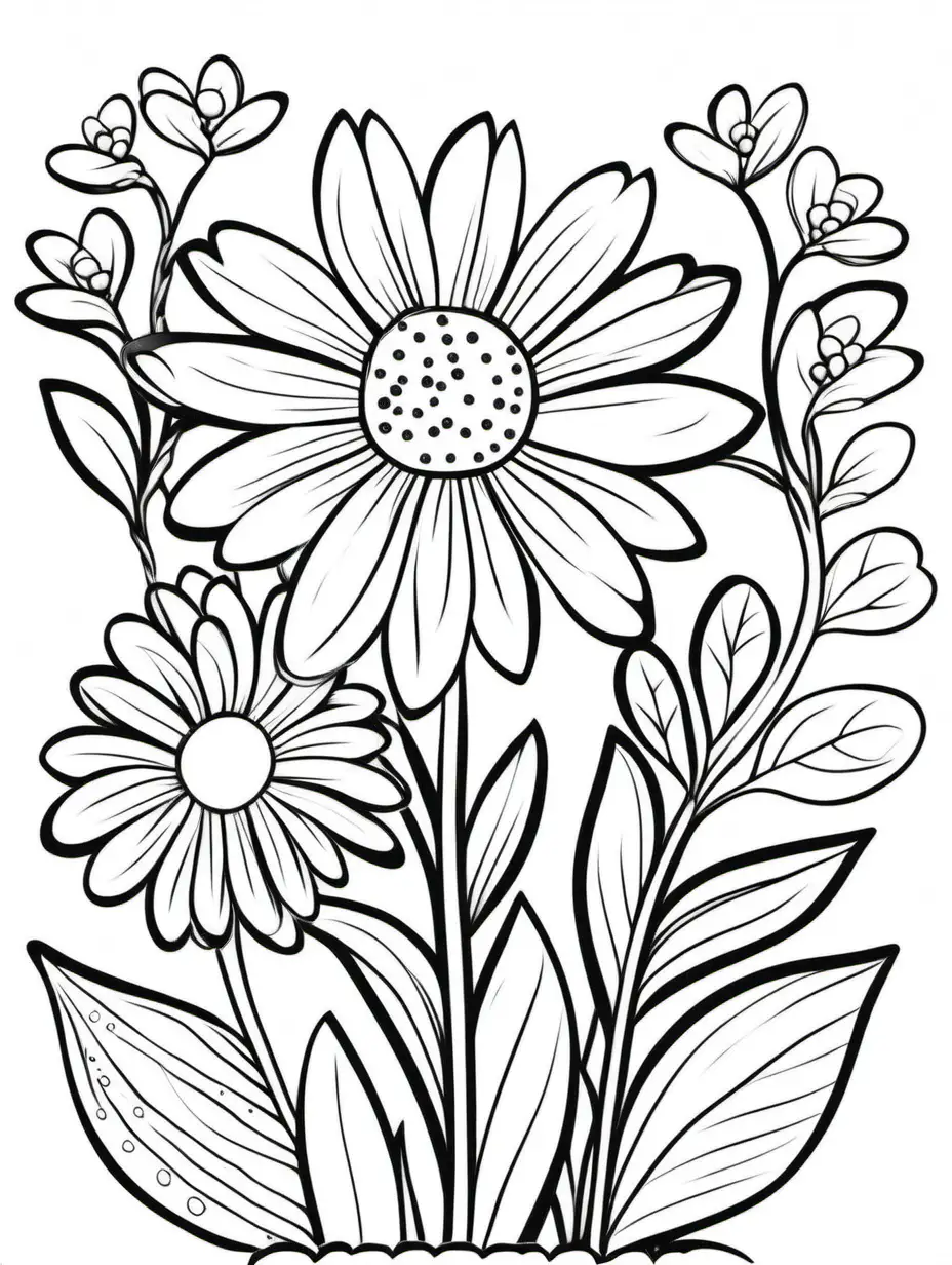 kids coloring book, simple, black and white, flowers
