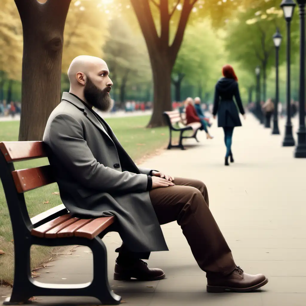 Bald and bearded man sitting on a park bench while looking at a beautiful woman walking past him, realism 
