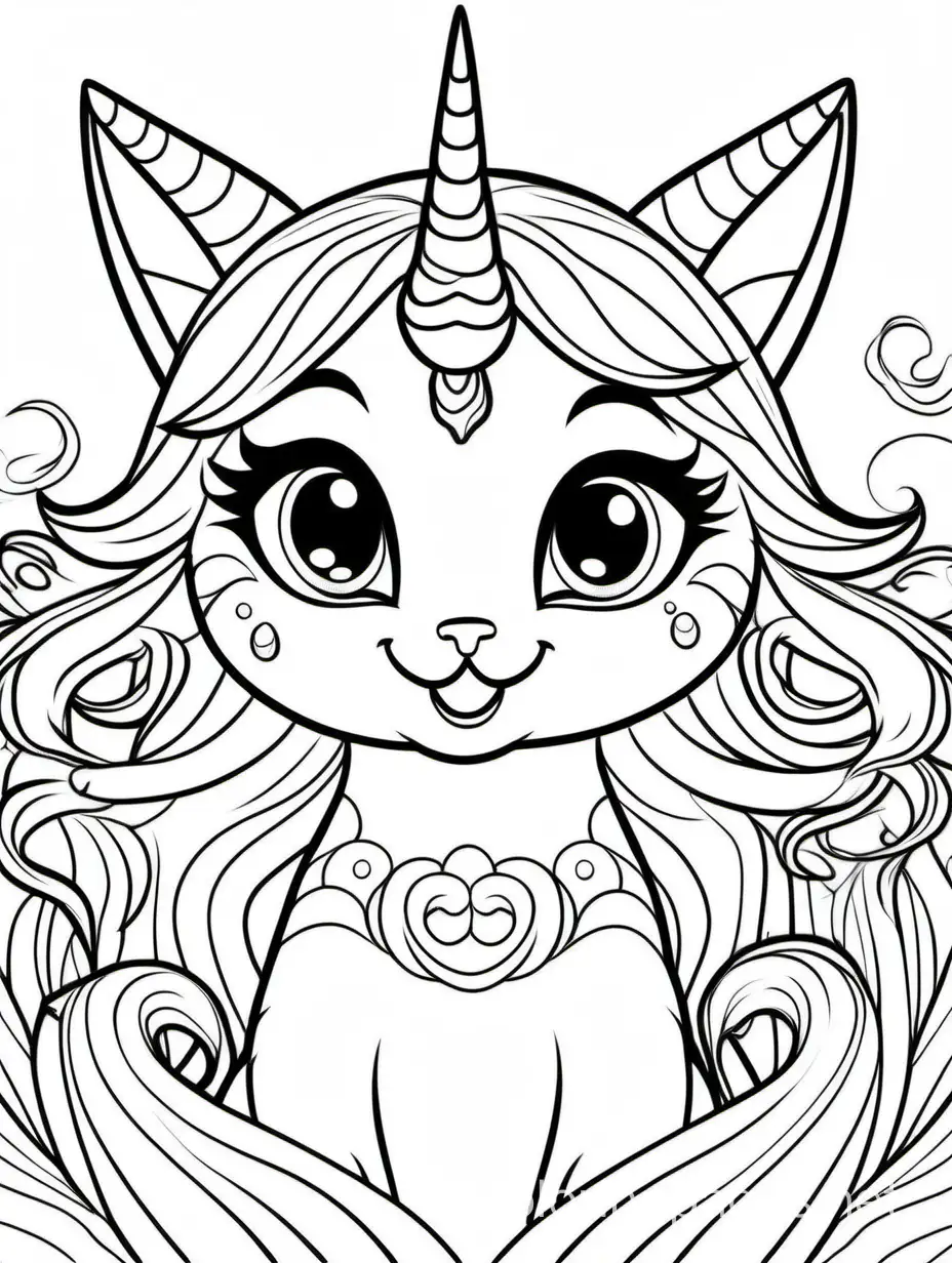 cartoonish happy cat-mermaid for little kids of 3-4 years, Coloring Page, black and white, line art, white background, Simplicity, Make it easy for young children to color within the lines, no very small details. A face of a cat with big beautiful eyes and a horn of a unicorn and a tail of a mermaid
, Coloring Page, black and white, line art, white background, Simplicity, Ample White Space. The background of the coloring page is plain white to make it easy for young children to color within the lines. The outlines of all the subjects are easy to distinguish, making it simple for kids to color without too much difficulty