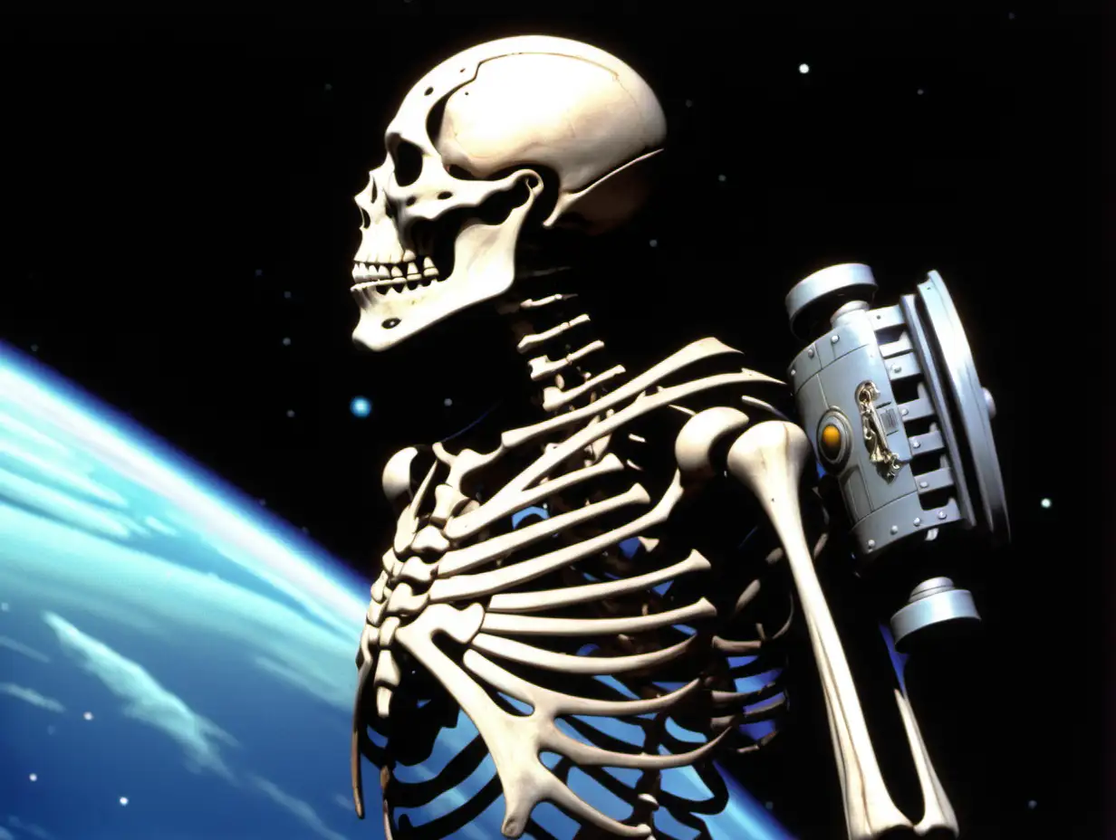 Cyborg Skeleton Warrior with Shield Aboard Spaceship