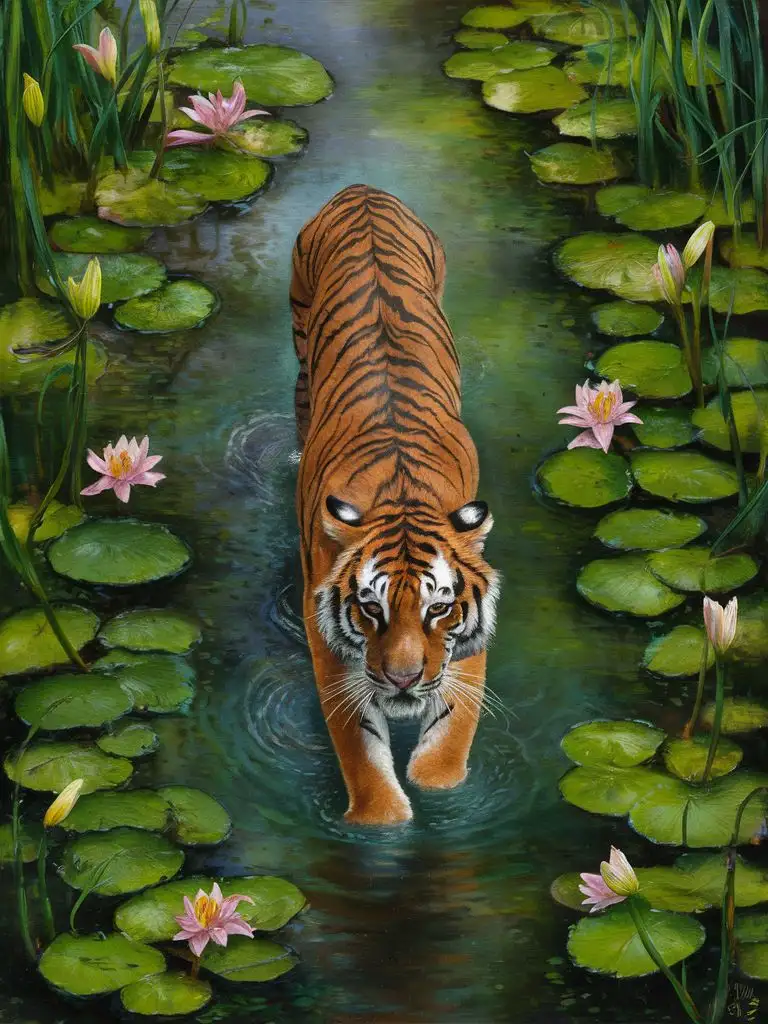 Tiger walking through pond with lillies, submerged in water. View slightly from above. Use an oil painting effect. Not too realistic