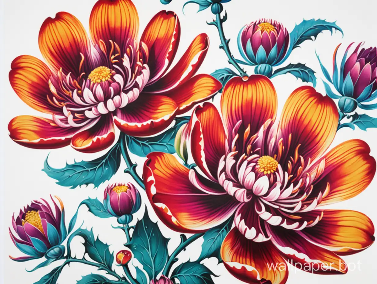 oriental flowers, pop art poster, polychromatic, obey, fluid painting, white background