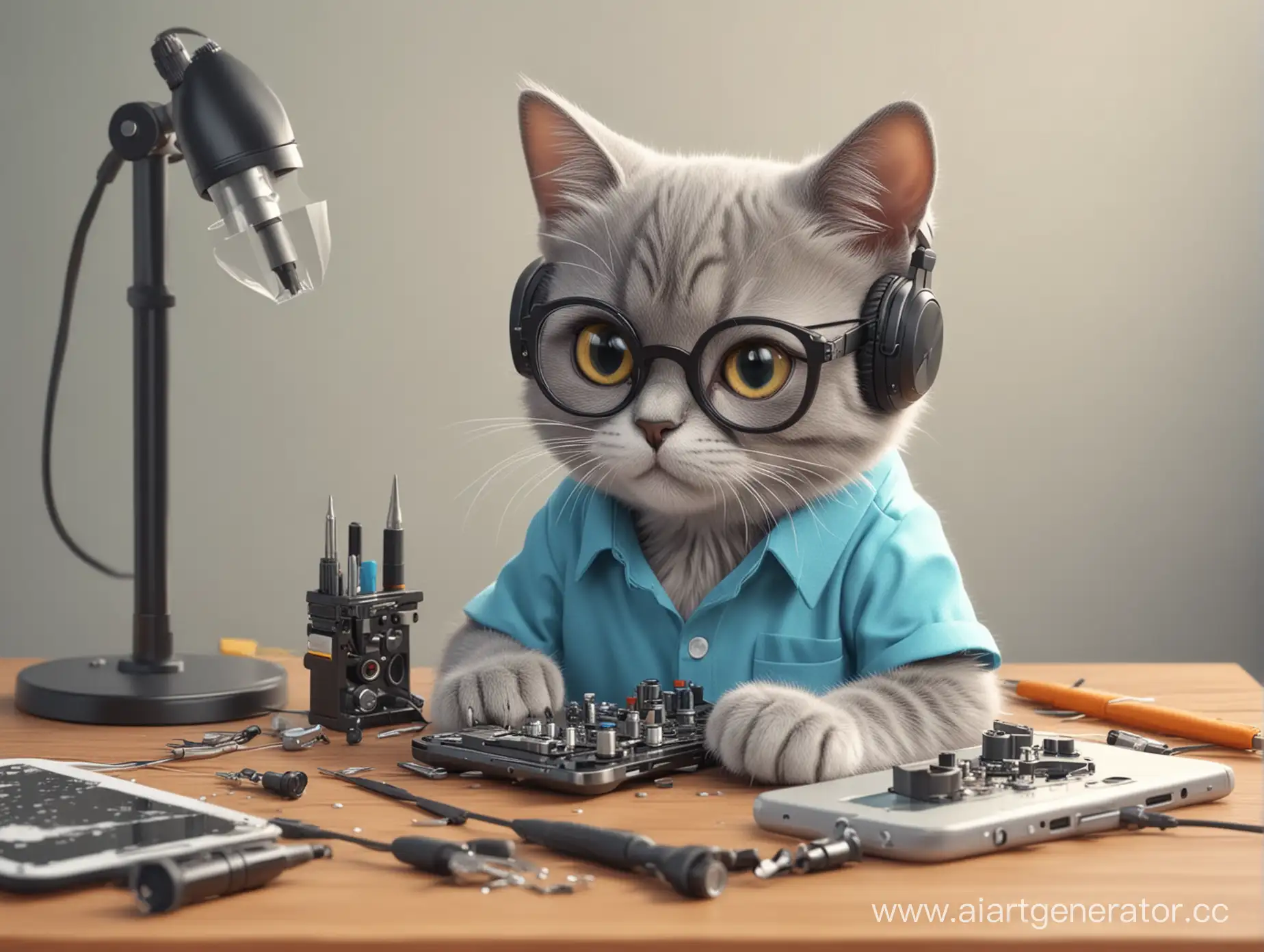 Cartoon-Cat-in-Headphones-Repairing-Smartphone-Screen-with-Advanced-Tools