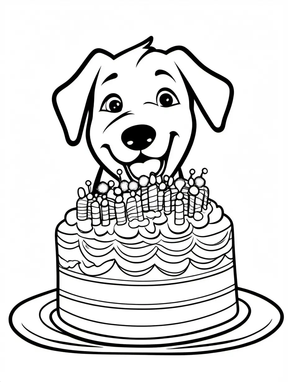 dog eating cake, Coloring Page, black and white, line art, white background, Simplicity, Ample White Space. The background of the coloring page is plain white to make it easy for young children to color within the lines. The outlines of all the subjects are easy to distinguish, making it simple for kids to color without too much difficulty