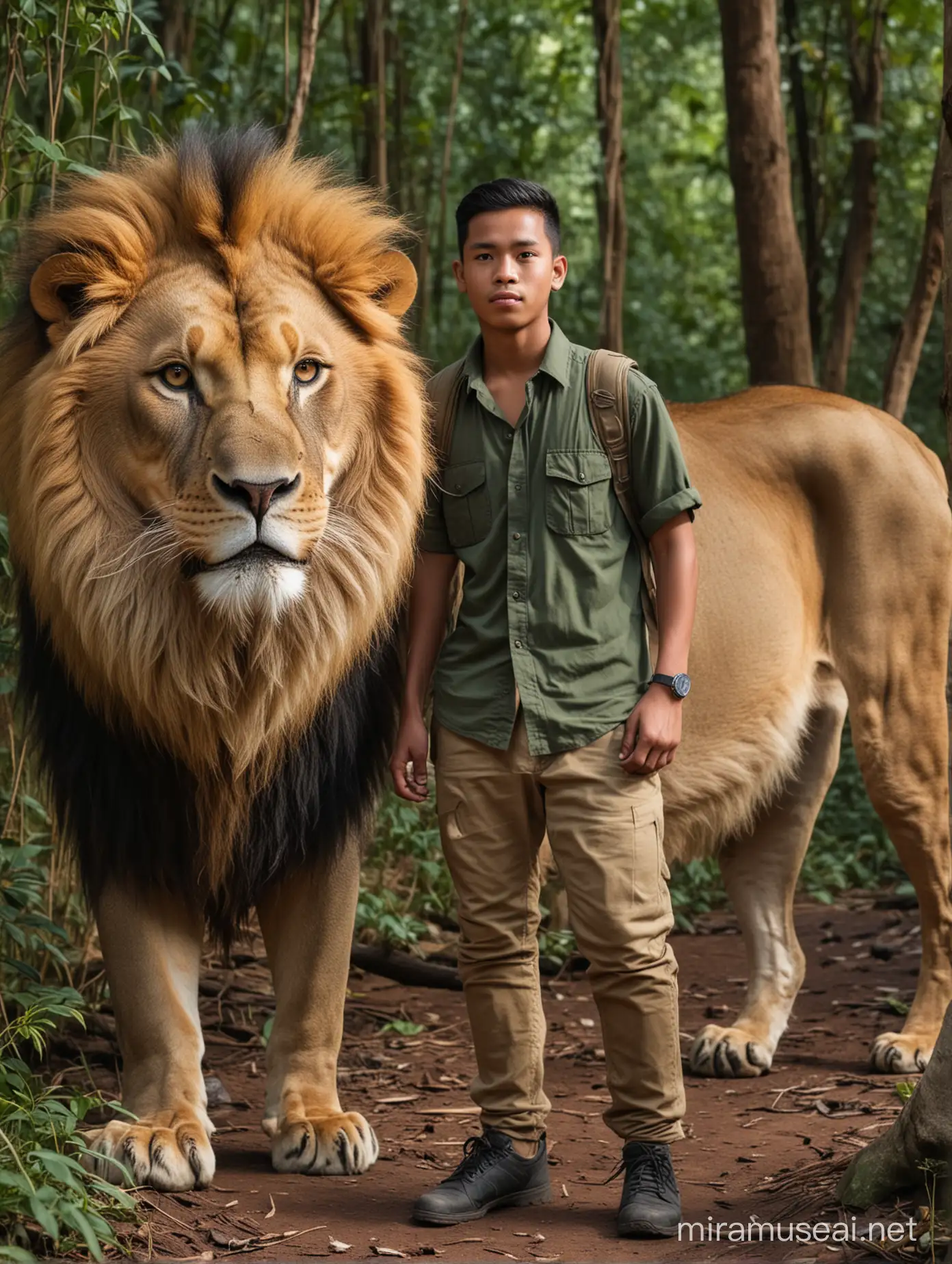 Pemuda tampan indonesia wajah tembam, sedang berpetualang di hutan, full body bersama se ekor singa