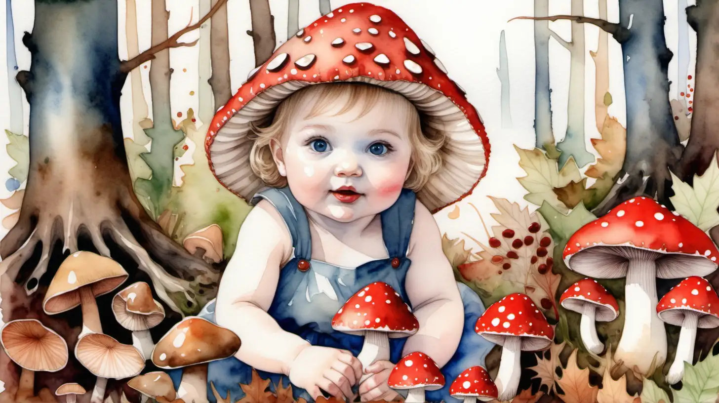 A watercolour fairytale picture of a darkblond blue eyed baby girl wears a hat made of a red toadstool, she is in a wood gathering brown mushrooms, acorns and green leaves
