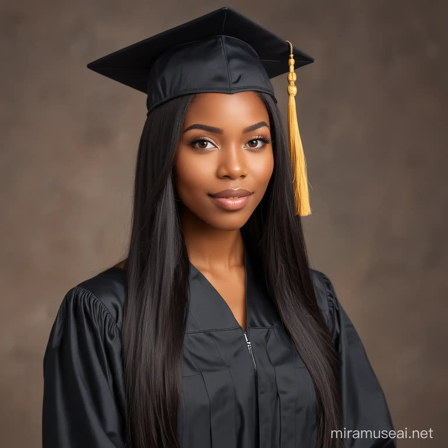 Elegant African American Woman with Long Straight Black Hair and Radiant Complexion
 graduates with cap and gowns
