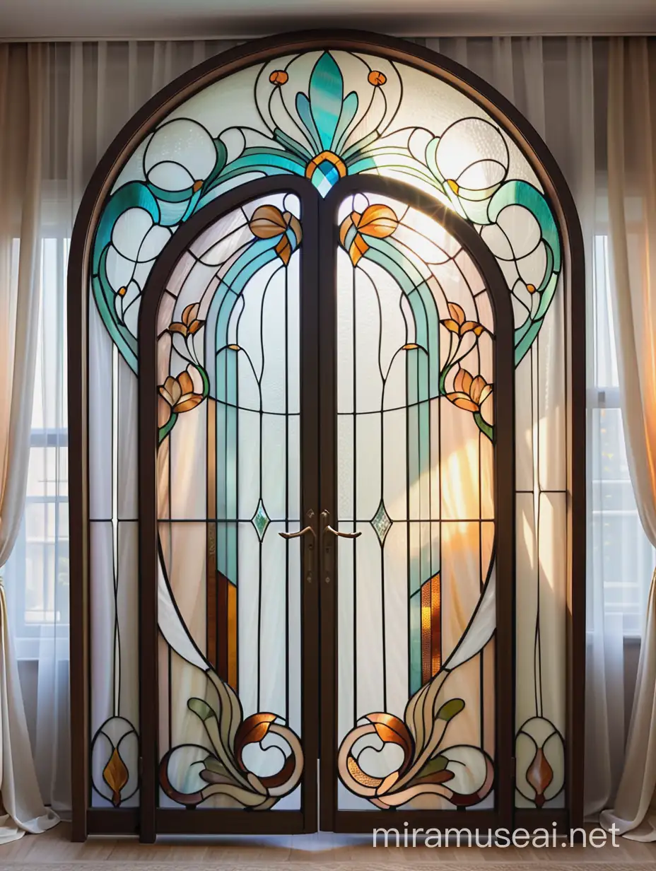 изысканная витражная  перегородка тиффани, в стиле ар нуво, с красивыми плавными, абстрактными линиями, из бежевого и белого цвета стекла на фоне штор из органзы