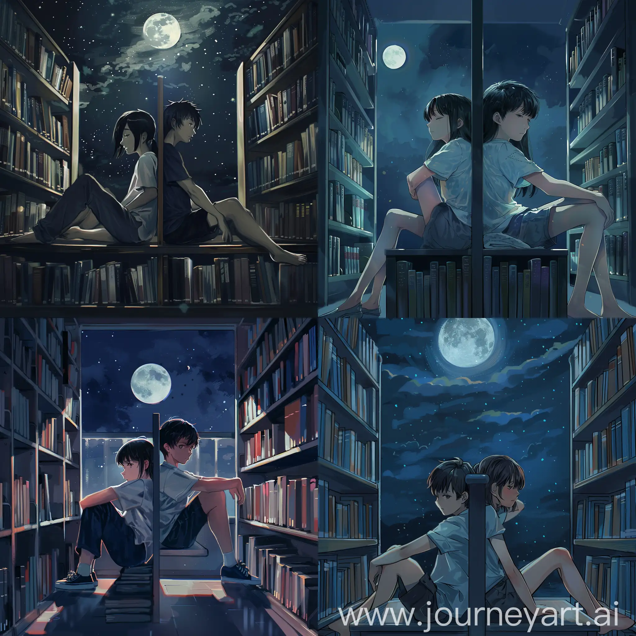 Enchanting-Moonlit-Library-Scene-with-Boy-and-Girl-Leaning-on-Bookshelf