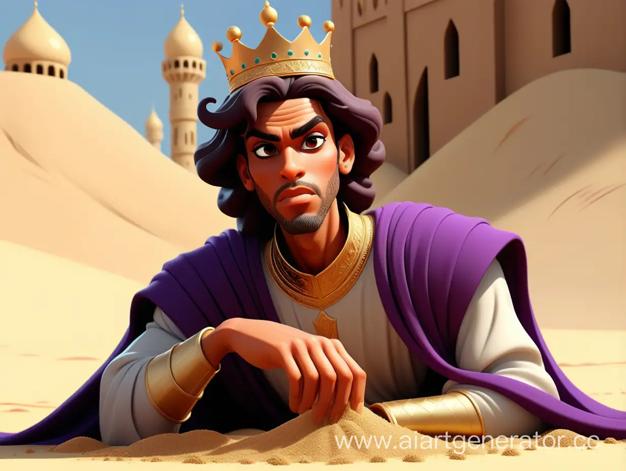 

cartoon style, 8k, Due to this magic, Prince Umar's body turned into sand.

