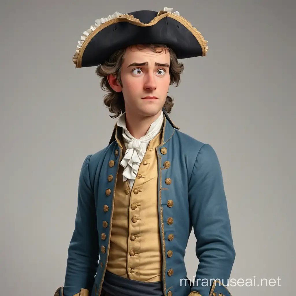 ean-François de Saint-Lambert a young, inexperienced and embarrassed man with embarrassment on his face. he is wearing a classic French costume from the 18th century. in full height. without background. in realism style, 3d-animation.