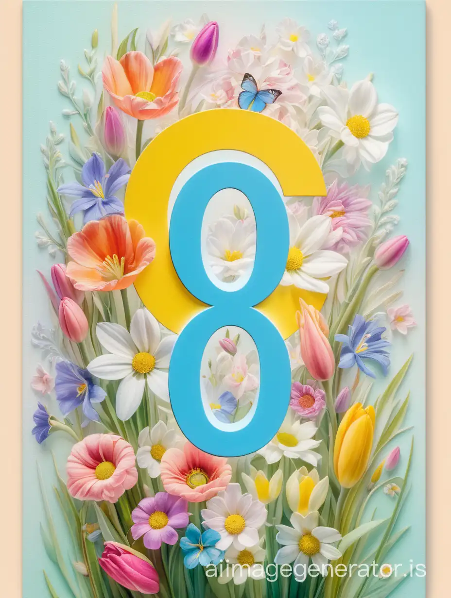An artistic greeting card in a modern avant-garde stele with the image of spring flowers and a large colorful number 8 in the center of the screen, spring, holiday, a combination of acrylic and oil, a combination of romanticism and surrealism, light pastel colors, refined minimalism