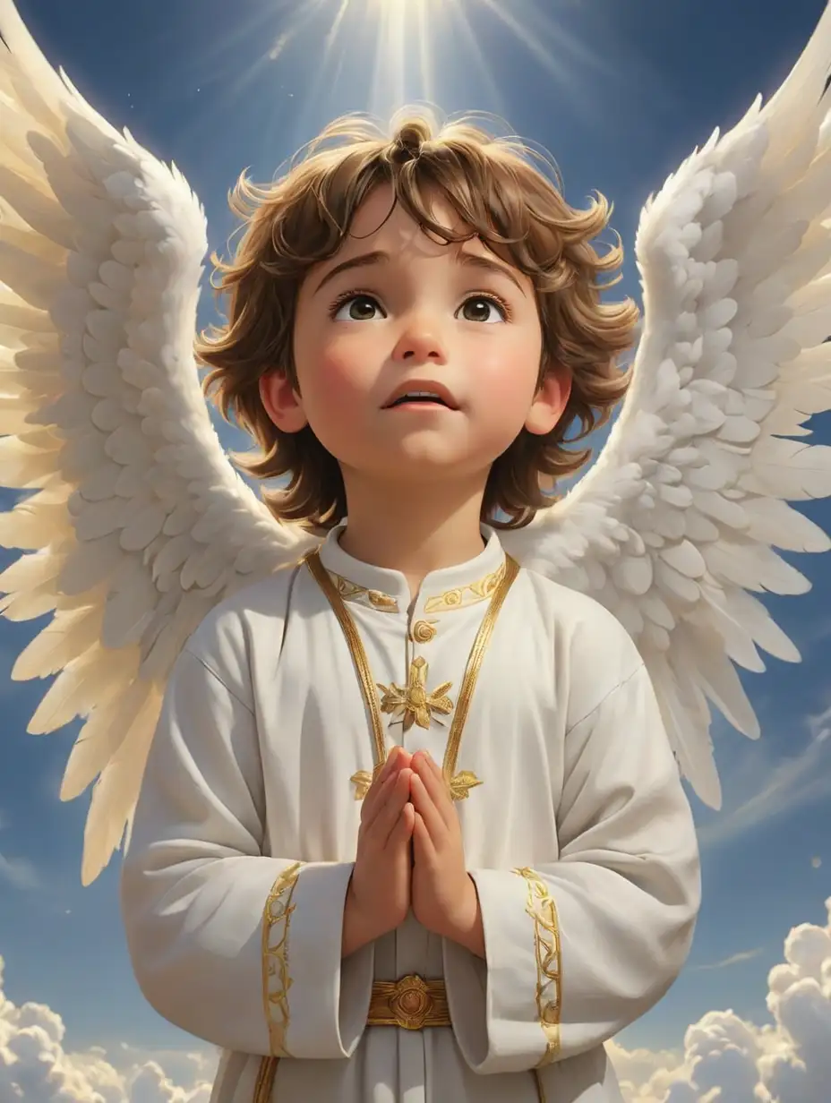 Un niño pequeño, que ora al cielo con fé y alegria, el cielo le responde y envia a sus angeles a ayudarlo