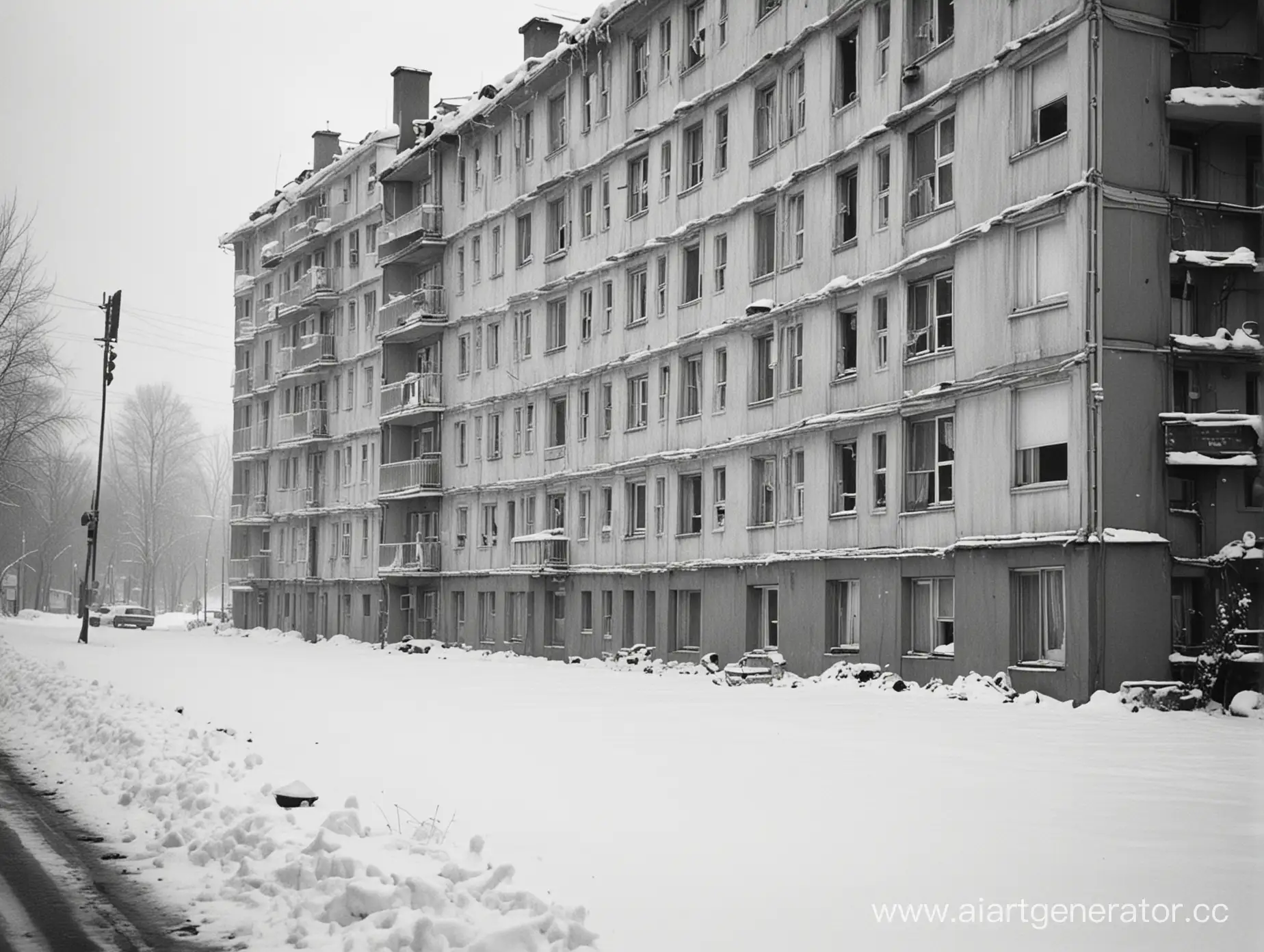 A shot of a broken down low panel block of flats, in a Russian town shrouded in high snow, where there are no people anymore. in the background there is an endless black forest, sometimes you can see glittering white eyes in it. black and white photo in the style of an old tape recorder, high contrast. cinema trailer.