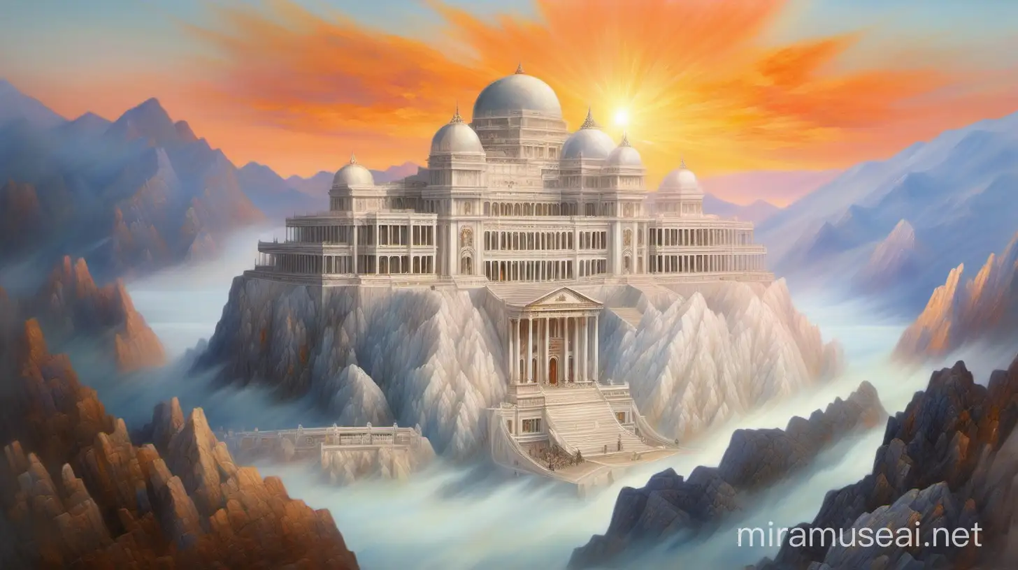 painting of a landscape of a white marble palace on top of a mountain, with giant crystal speirs, a white marble city cover the mountain under the palace, sunset, oil painting