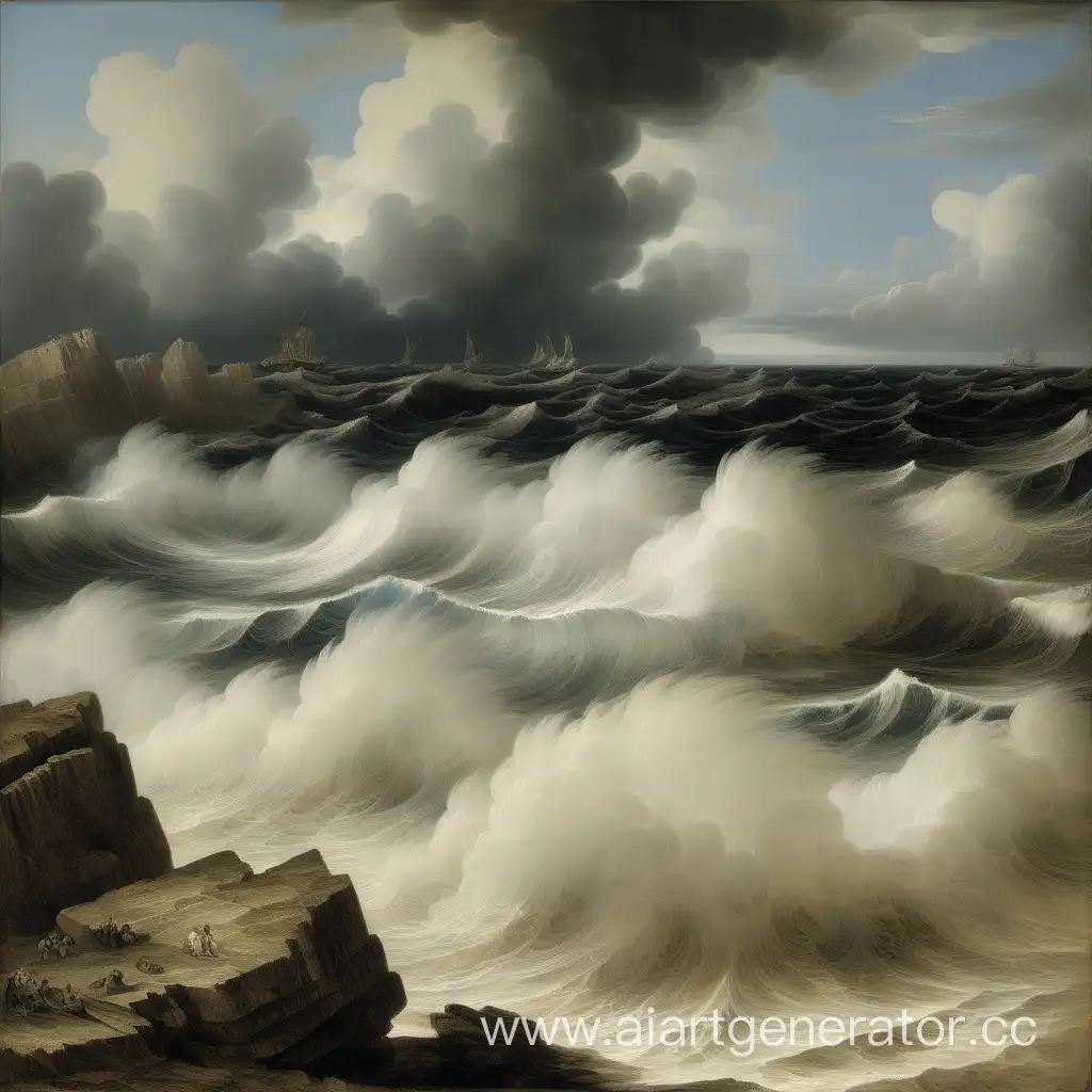 Dynamic-Seashore-Seascape-Waves-Crashing-Against-Cloudy-Sky