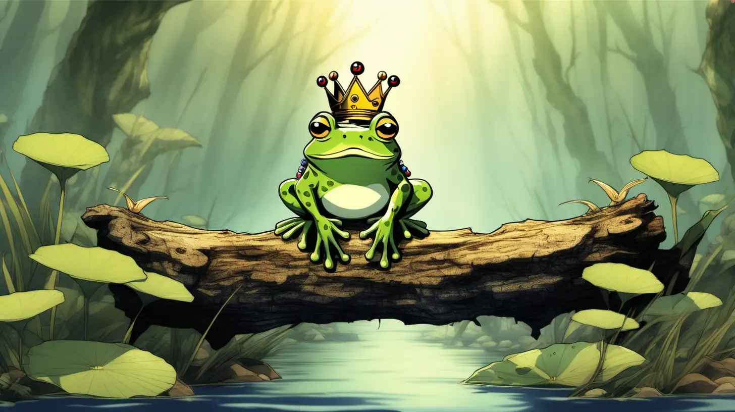 A creative composition of a frog wearing a crown sitting on a log in a Japanese anime style