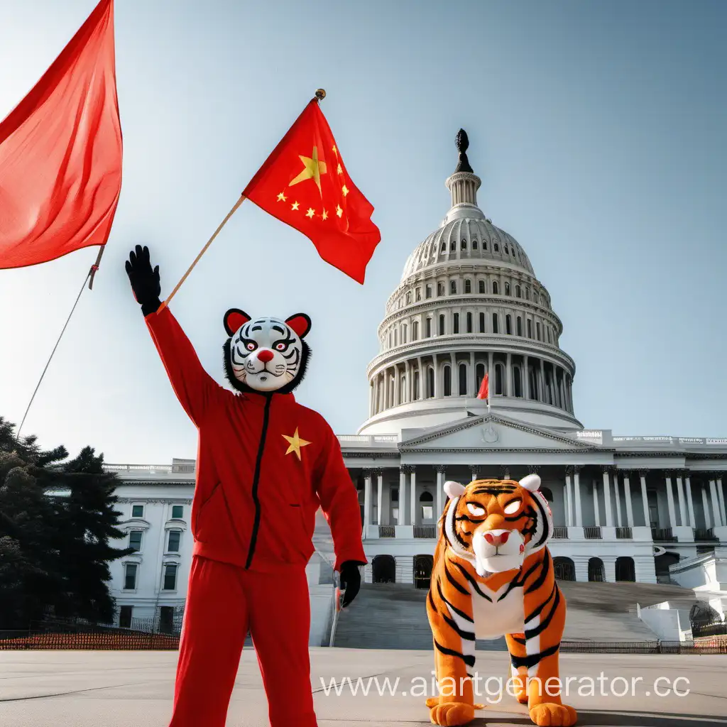 Арсений в костюме тигра с маской Мао Цзе Дуна стоит перед американским Капитолием и размахивает красным знаменем