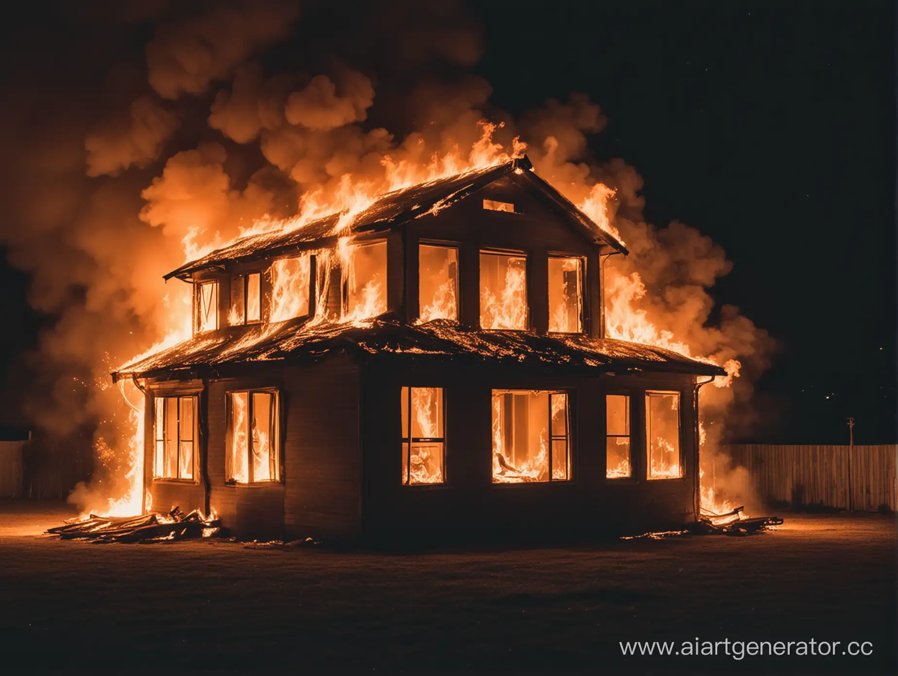 Burning house at night