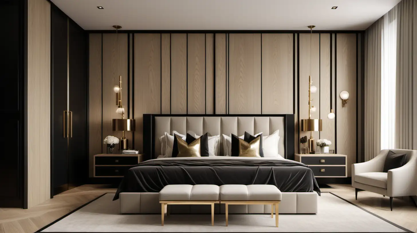 a hyperrealistic image of a classic contemporary minimalist estate home hotel-style bedroom; beige; blonde oak; black accents; brass; 
