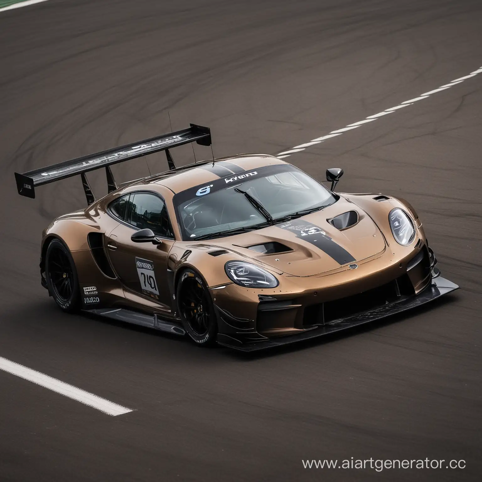 racing car, gt3, gunbronze and black livery, cool and dark, on track