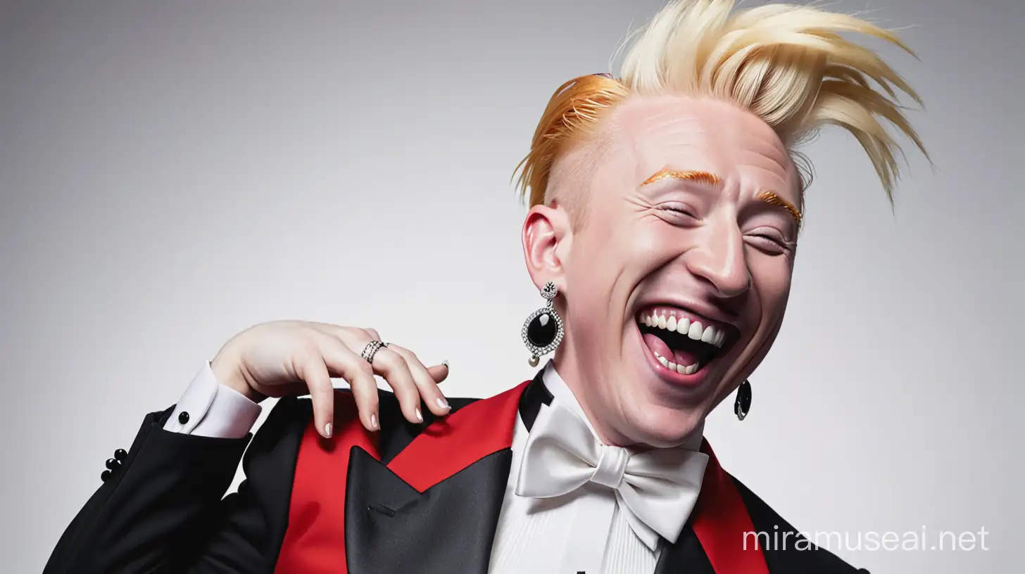 a portrait of bello nock laughing. he is wearing a black and white tuxedo. He has tall red and blonde hair and earrings. His eyebrows are blonde.