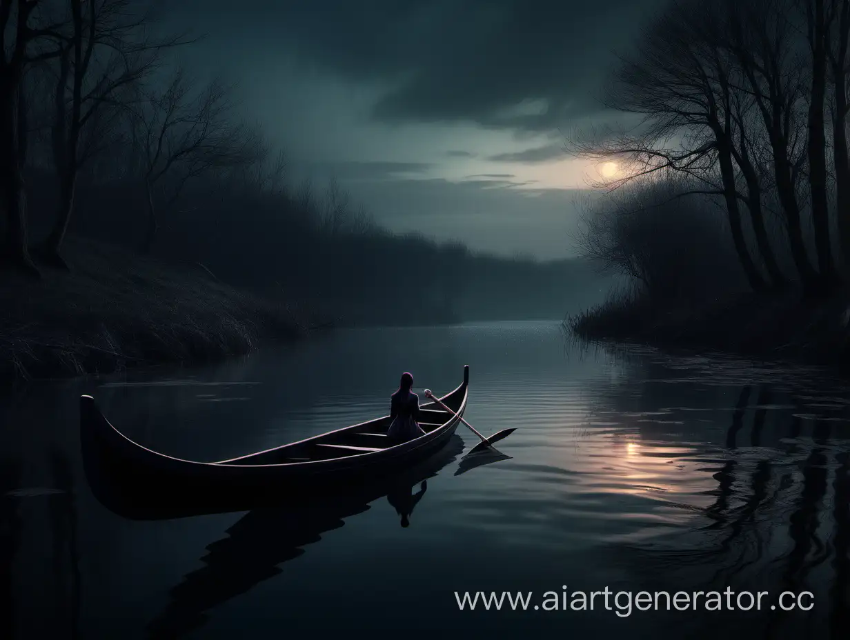 Mystical-Twilight-River-Scene-with-Lone-Figure-in-Black-Boat