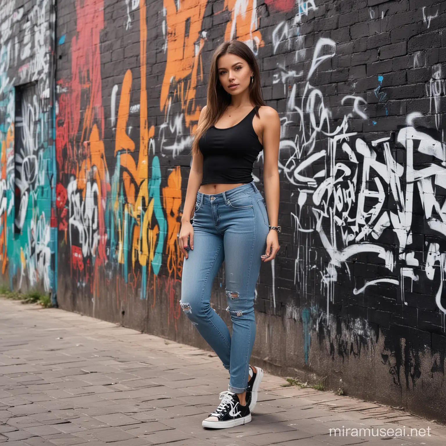 Chic Streetwear Fashion Model Poses Against Colorful Graffiti Wall
