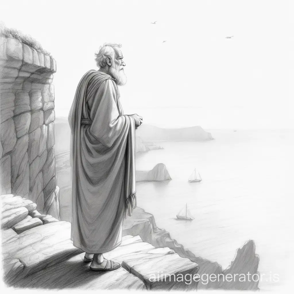 very simple pencil sketch of an old bearded man wearing a Roman-style toga, staring out across the sea from atop a cliff.