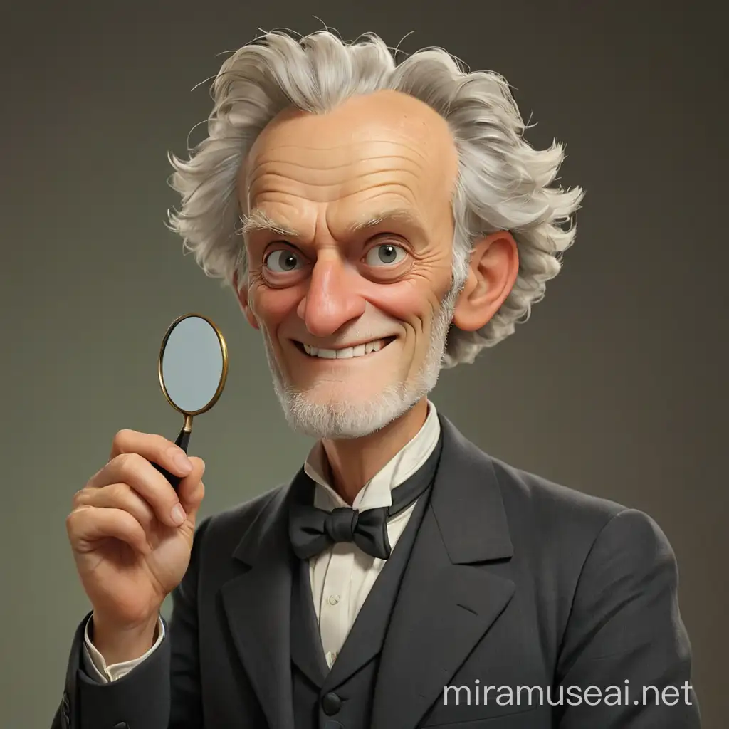 Philosopher Arthur Schopenhauer admires himself in a small hand mirror, smiling. He looks like a thin old man, with hair sticking out in two directions, a thin, pointed nose, prominent eyebrows, and a bald spot on the top of his head. He is dressed in a 19th century style suit. We see him full-length, with arms and legs. In 3d animation style.