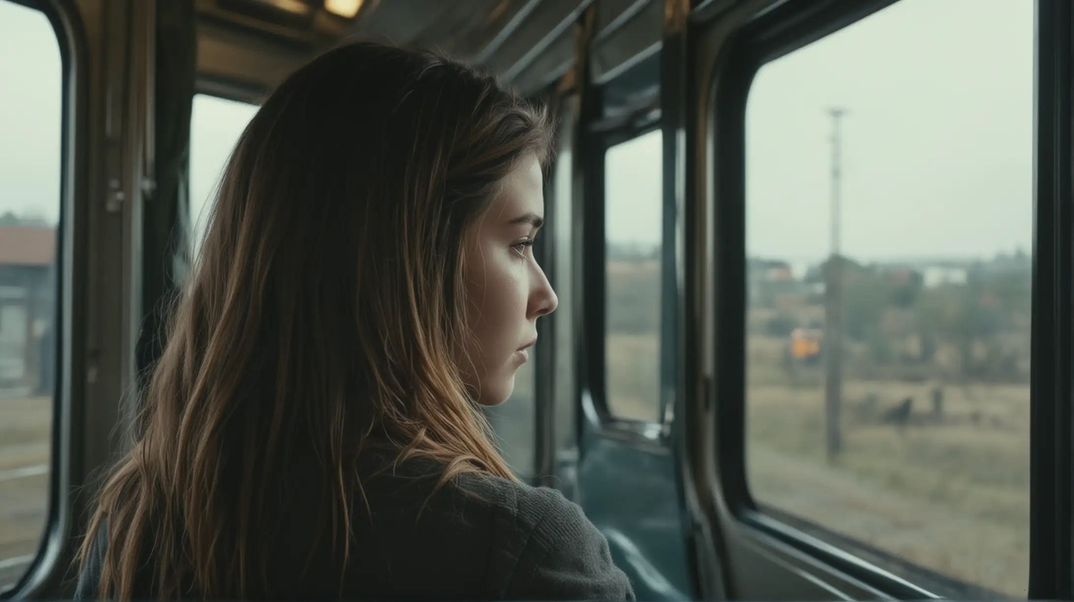 A shot looking over the shoulder of a twenty-year old girl from behind her looking out the window of a train, trying to hide in her seat, cinematic