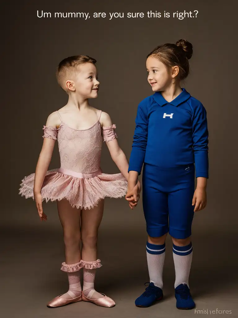 Gender role-reversal, a white cute 6-year-old thin boy facing forwards, his mother has dressed him up in his sister’s baggy lacy pink ballet dress and frilly pink ankle socks and ballet slippers, the boy’s 7-year-old sister who is wearing a tight blue football uniform is stood next to the boy, facing forwards, adorable, perfect children faces, perfect faces, clear faces, perfect eyes, perfect noses, clear faces, smooth skin, photograph style, the photo is captioned “Um mummy, are you sure this is right?”, clear captions, accurate captions