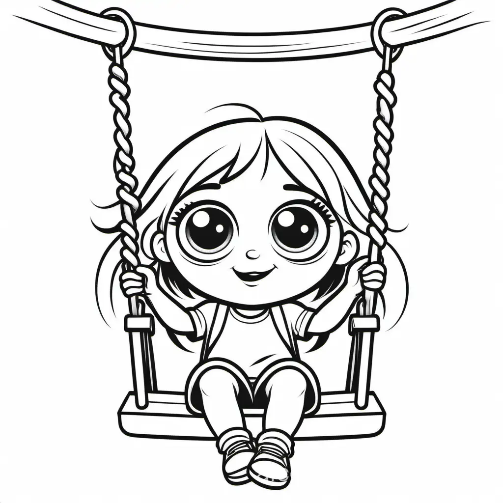 a large eyed child in a swing, Coloring Page, black and white, line art, white background, Simplicity, Ample White Space. The background of the coloring page is plain white to make it easy for young children to color within the lines. The outlines of all the subjects are easy to distinguish, making it simple for kids to color without too much difficulty
